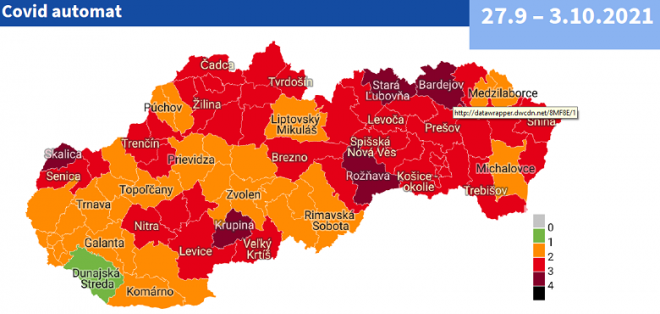 Od pondelka 27. septembra jeden zelený okres a päť bordových okresov Od pondelka 27. septembra jeden zelený okres a päť bordových okresov